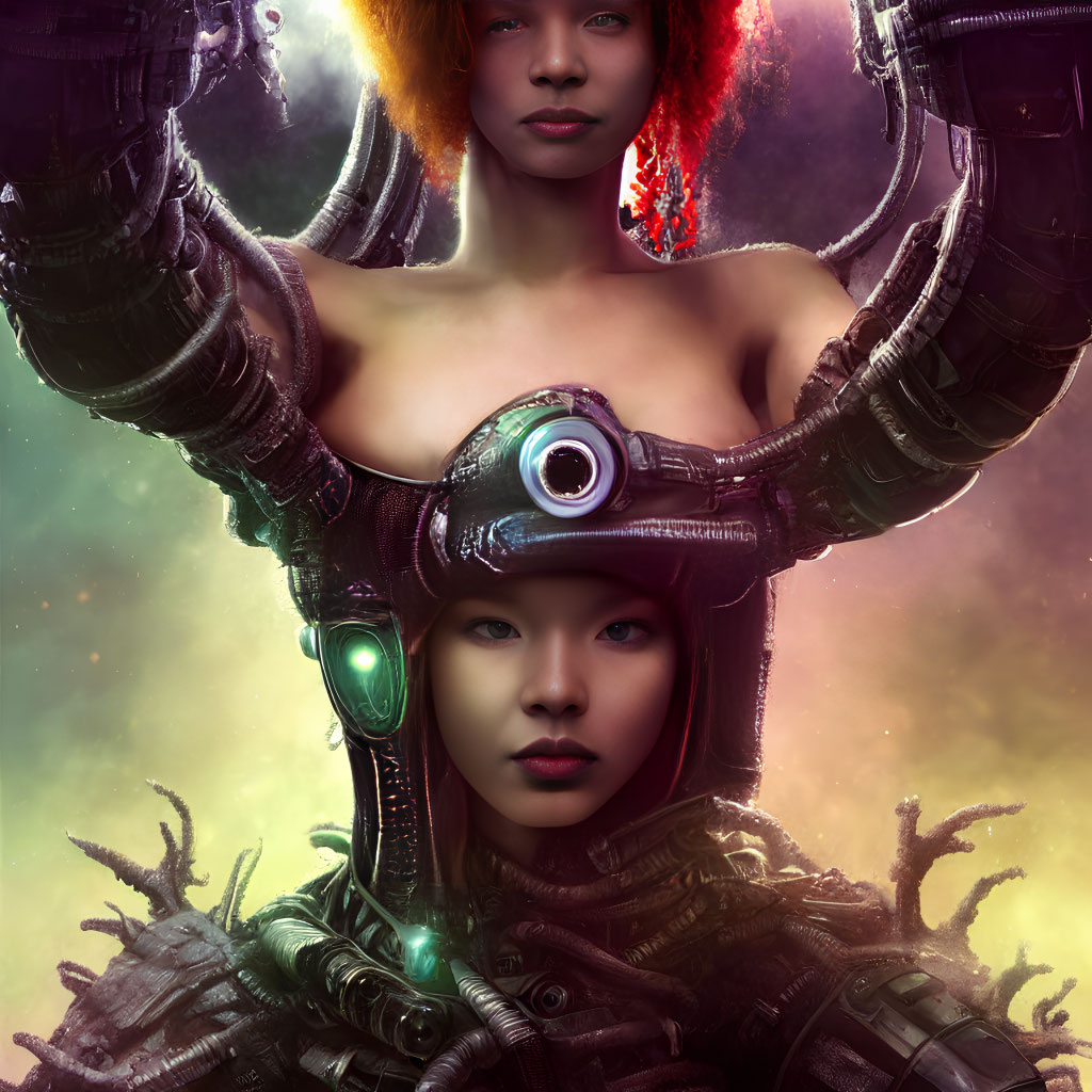 Futuristic digital artwork of two women with cybernetic enhancements