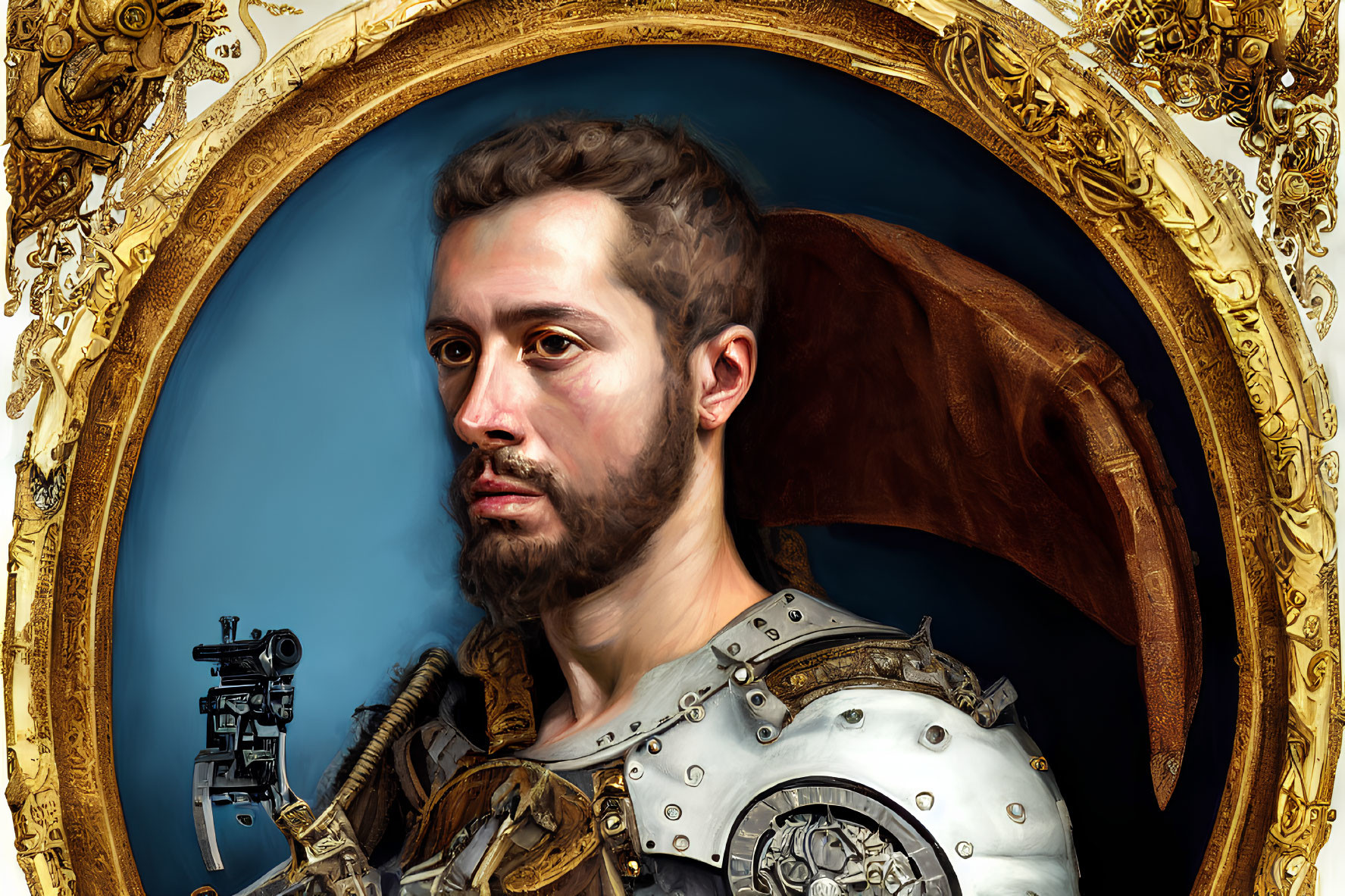 Futuristic armor portrait of a bearded man in ornate golden frame