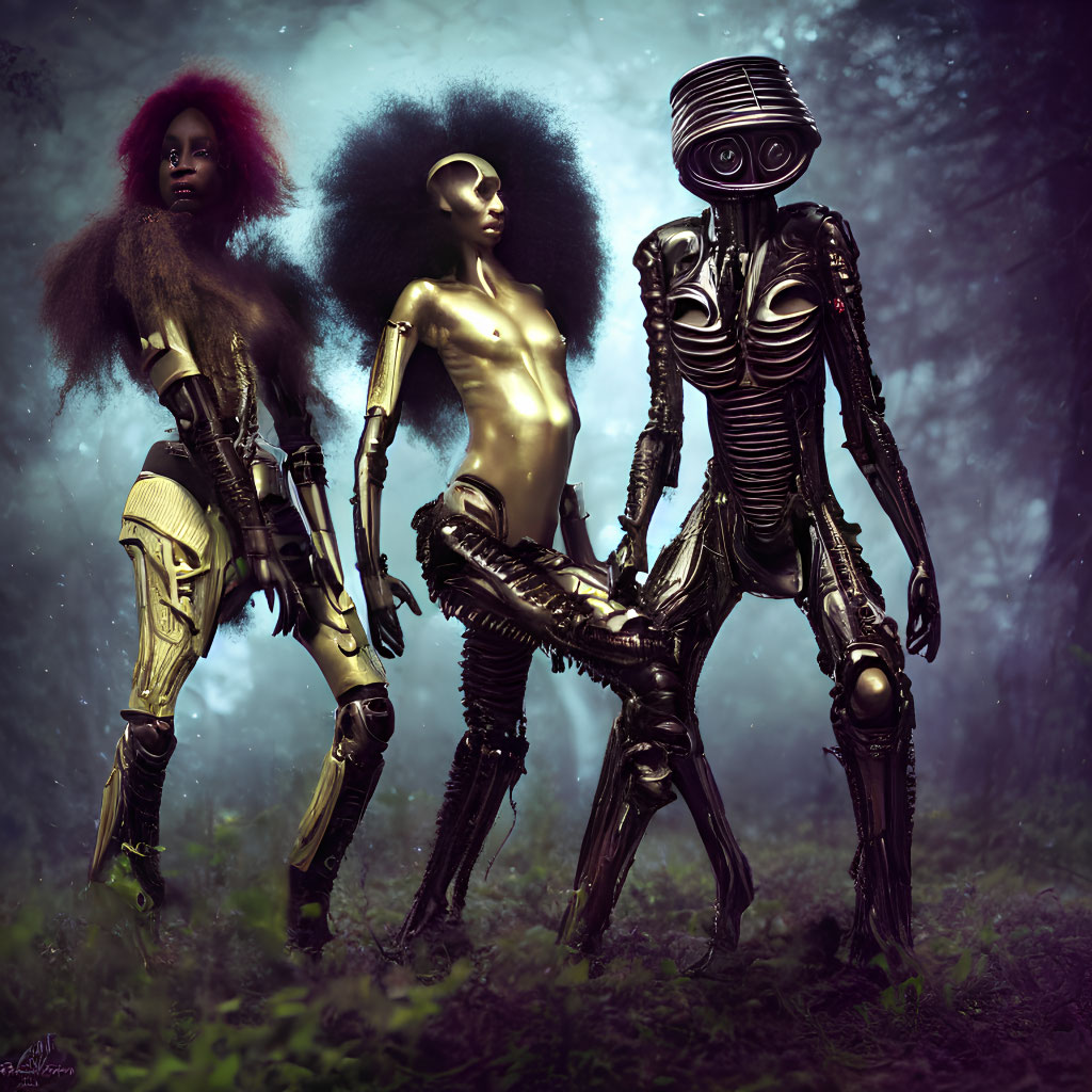 Futuristic humanoid robots in foggy forest setting