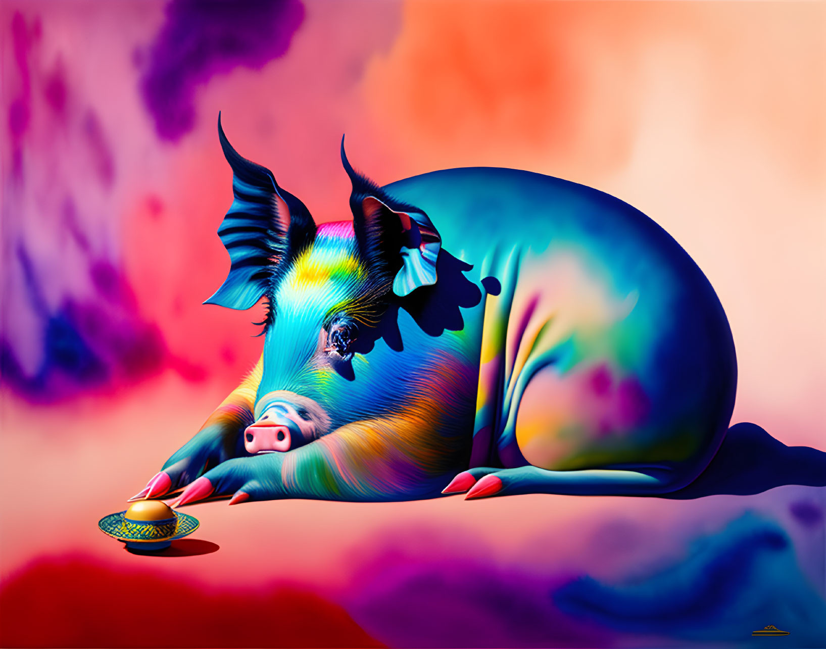 Vibrant pig illustration in blue and purple hues on surreal background