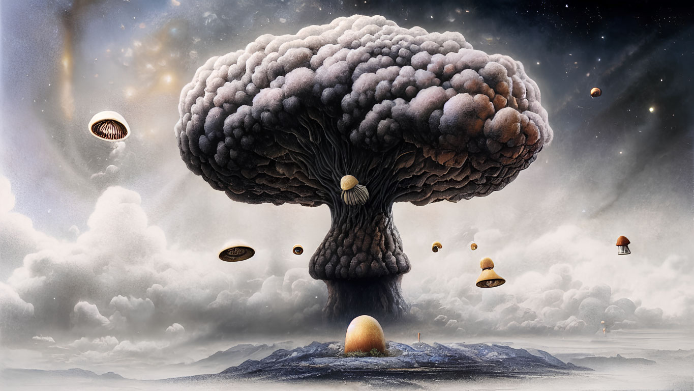 Surreal landscape with mushroom-shaped structure and flying saucers