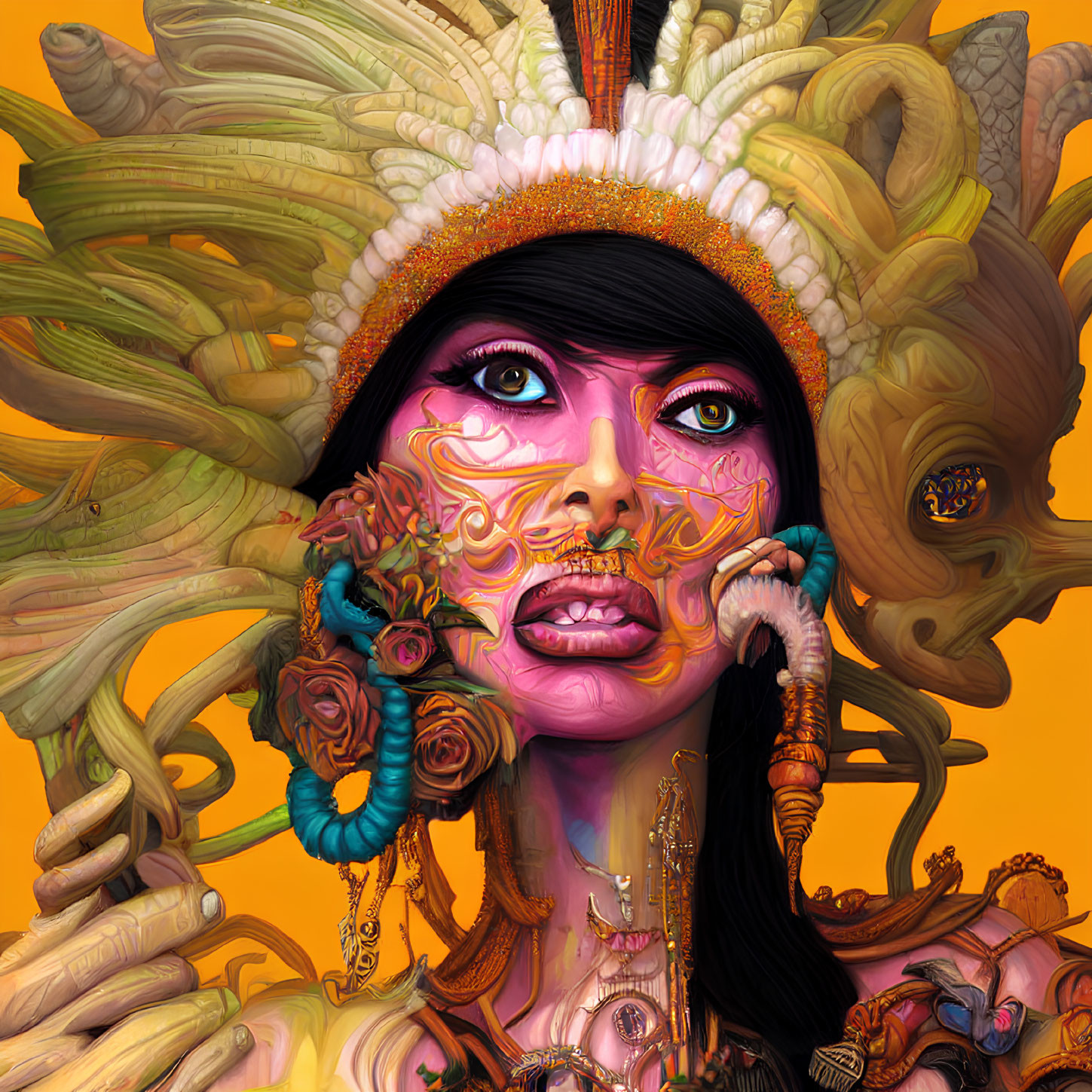 Vibrant digital artwork of woman with elaborate headdress and face paint