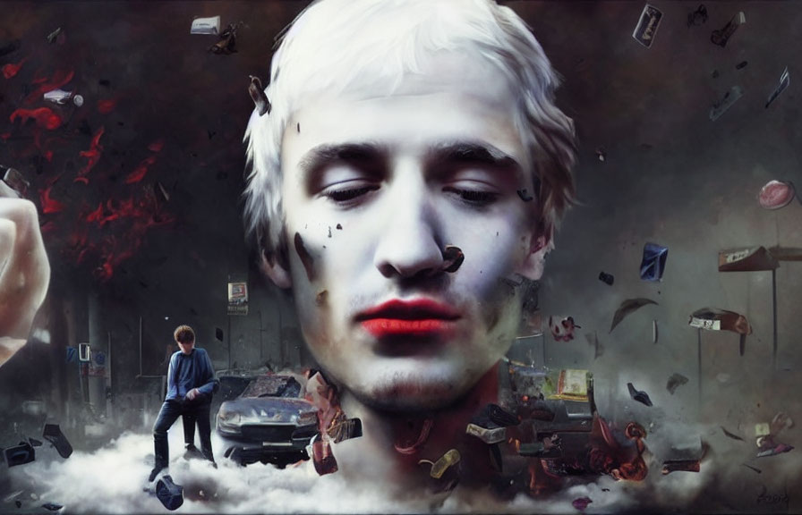 Surreal artwork: Giant melancholic face, debris, small figure, damaged car in desolate