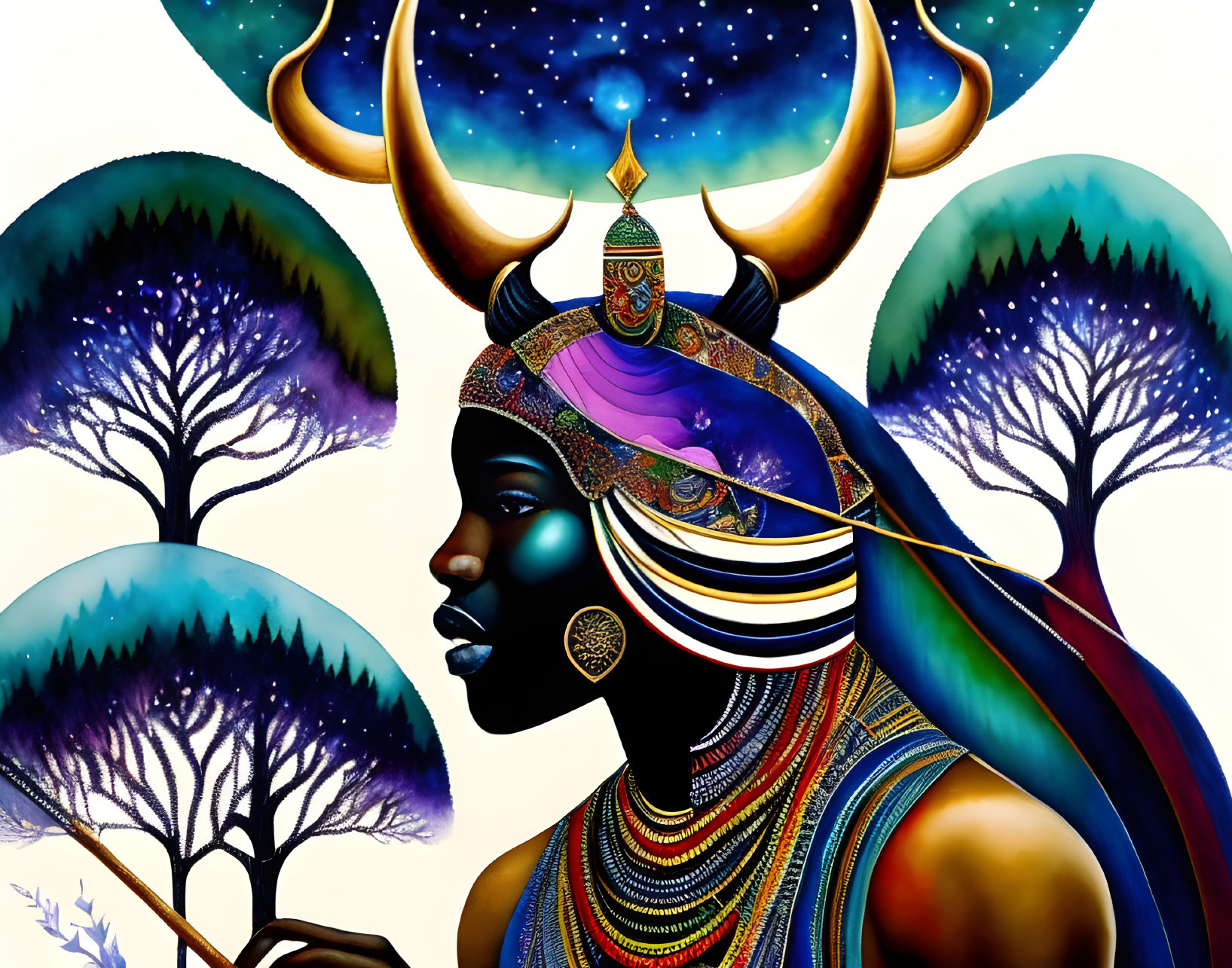 Person with Elaborate Horned Headgear in Cosmic Landscape