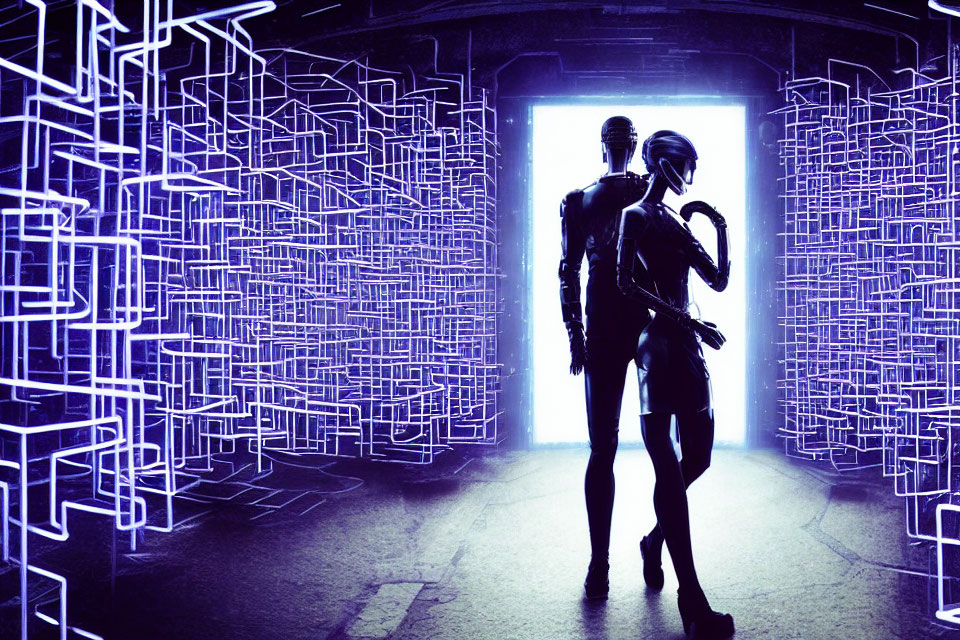 Silhouetted humanoid figure in futuristic corridor with glowing blue patterns