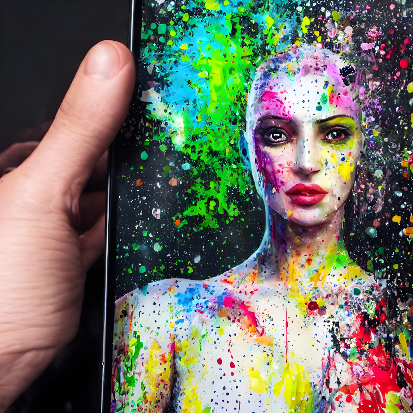 Colorful image of woman with paint splatters on smartphone screen