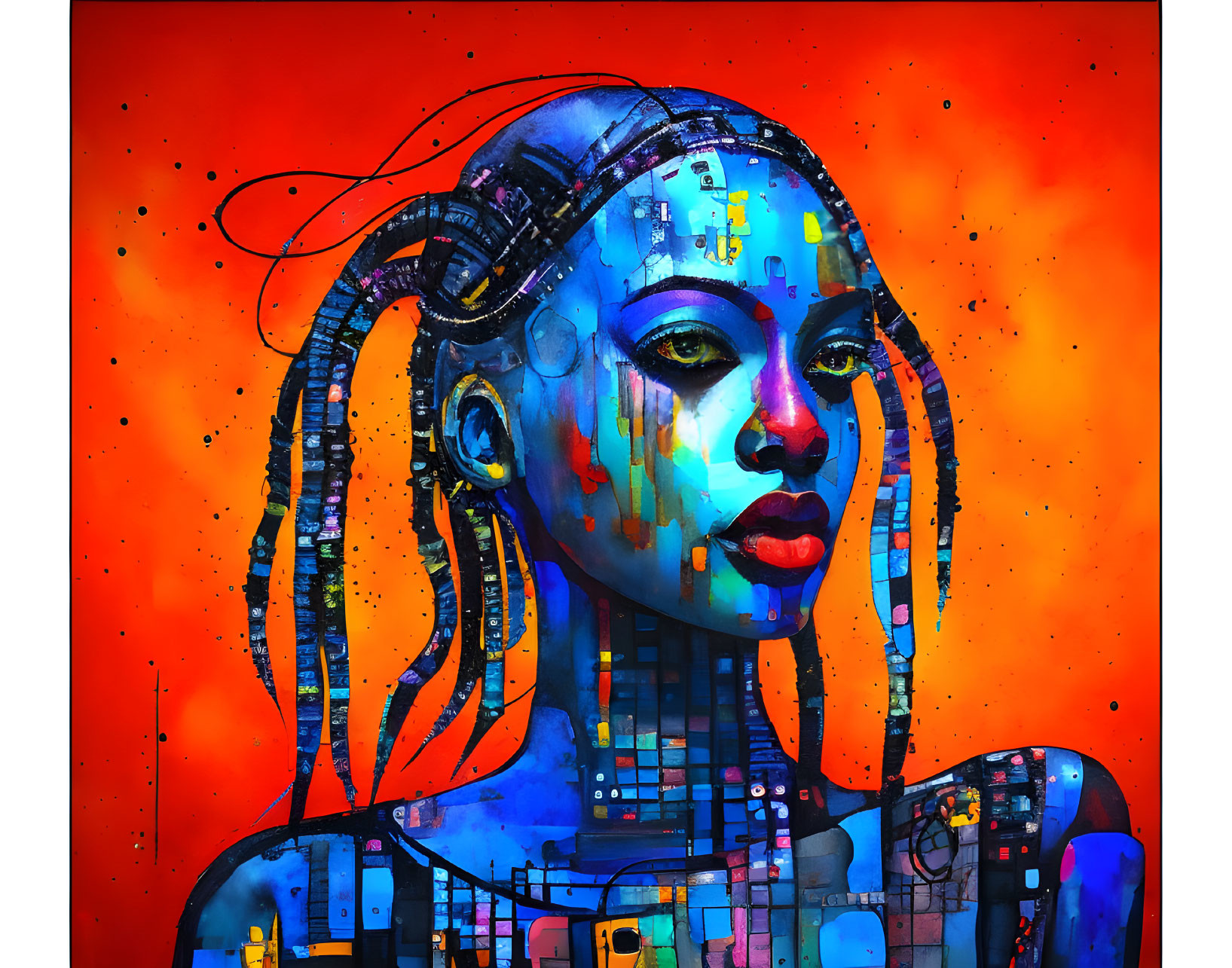 Futuristic cyberpunk portrait of a woman with blue skin and circuit patterns