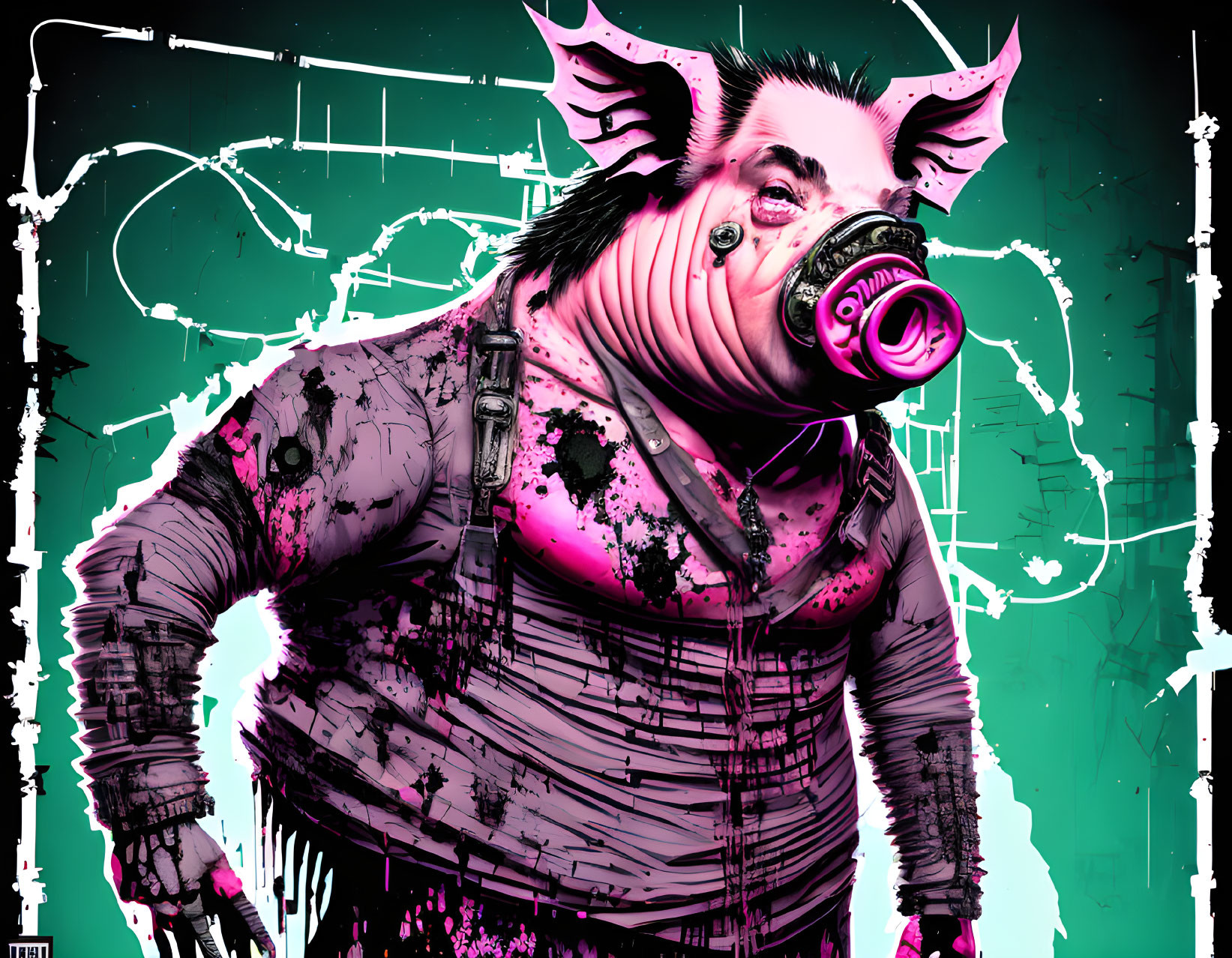Anthropomorphic pig in gas mask with schematics on turquoise background