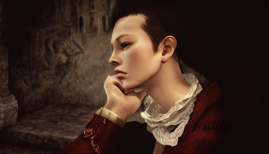 Portrait of a contemplative person in red attire with ruffled collar against stone background