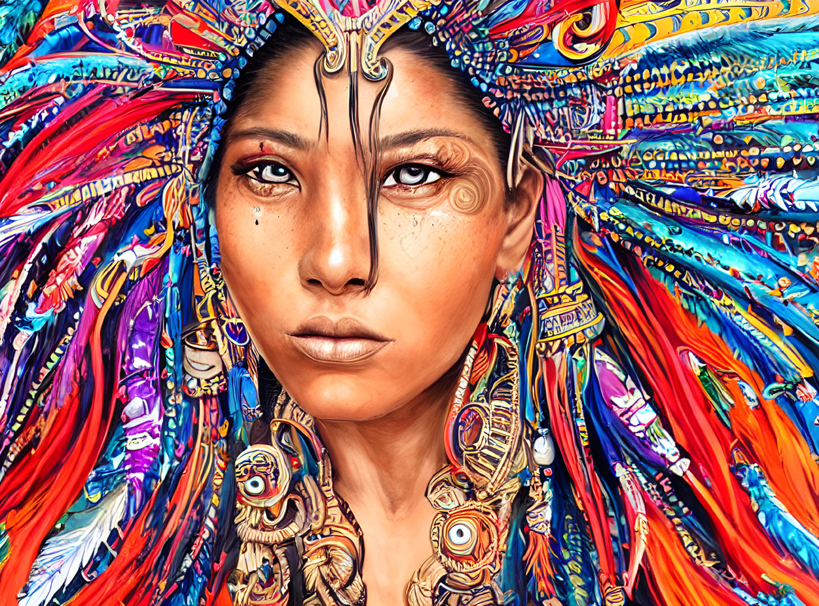 Colorful Portrait of Woman with Intricate Headdress and Markings