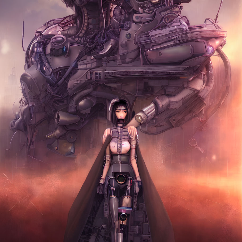 Dark-haired woman with large mech suit in reddish haze