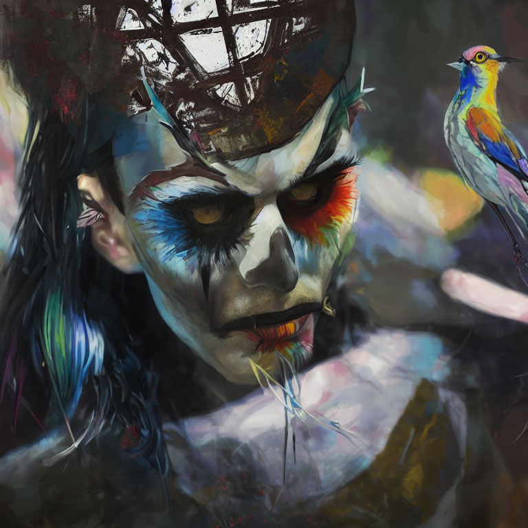 Vivid portrait featuring person with colorful face paint and bird on shoulder
