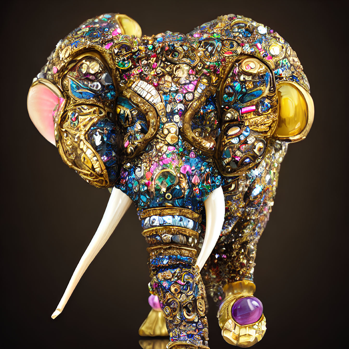 Jeweled Elephant Head Sculpture with Sparkling Stones and Intricate Metalwork