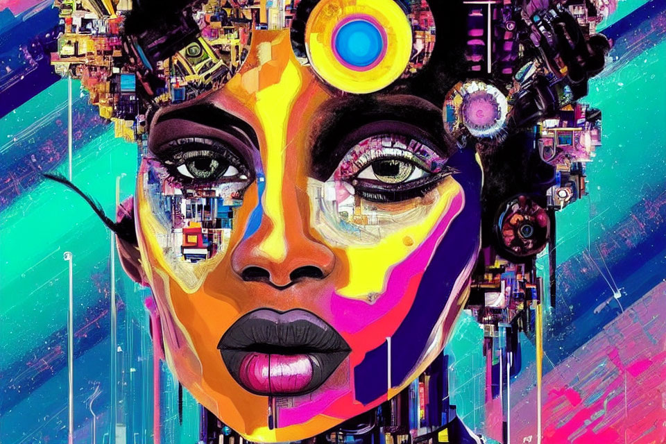 Colorful digital artwork: Woman's face with mechanical parts and abstract patterns