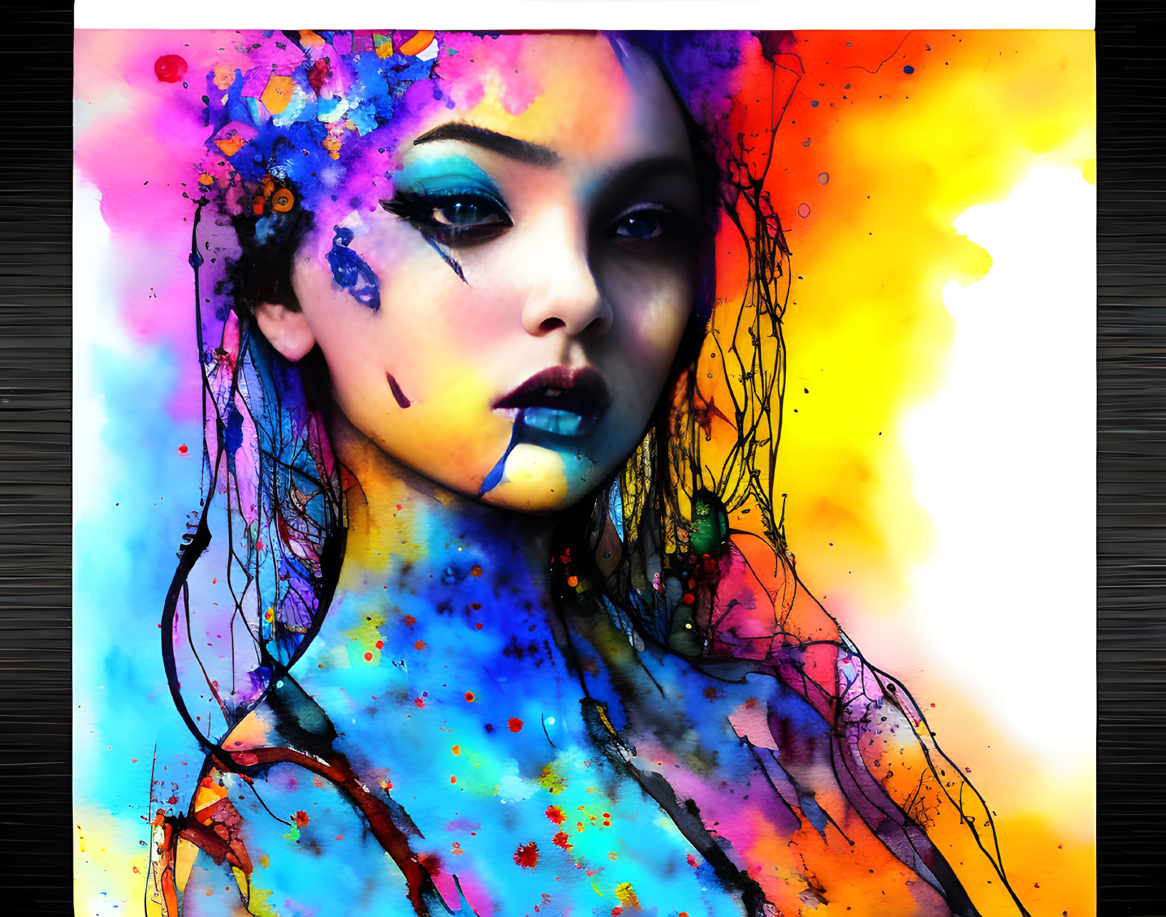 Colorful digital artwork of woman with abstract makeup in blue, purple, yellow, and red