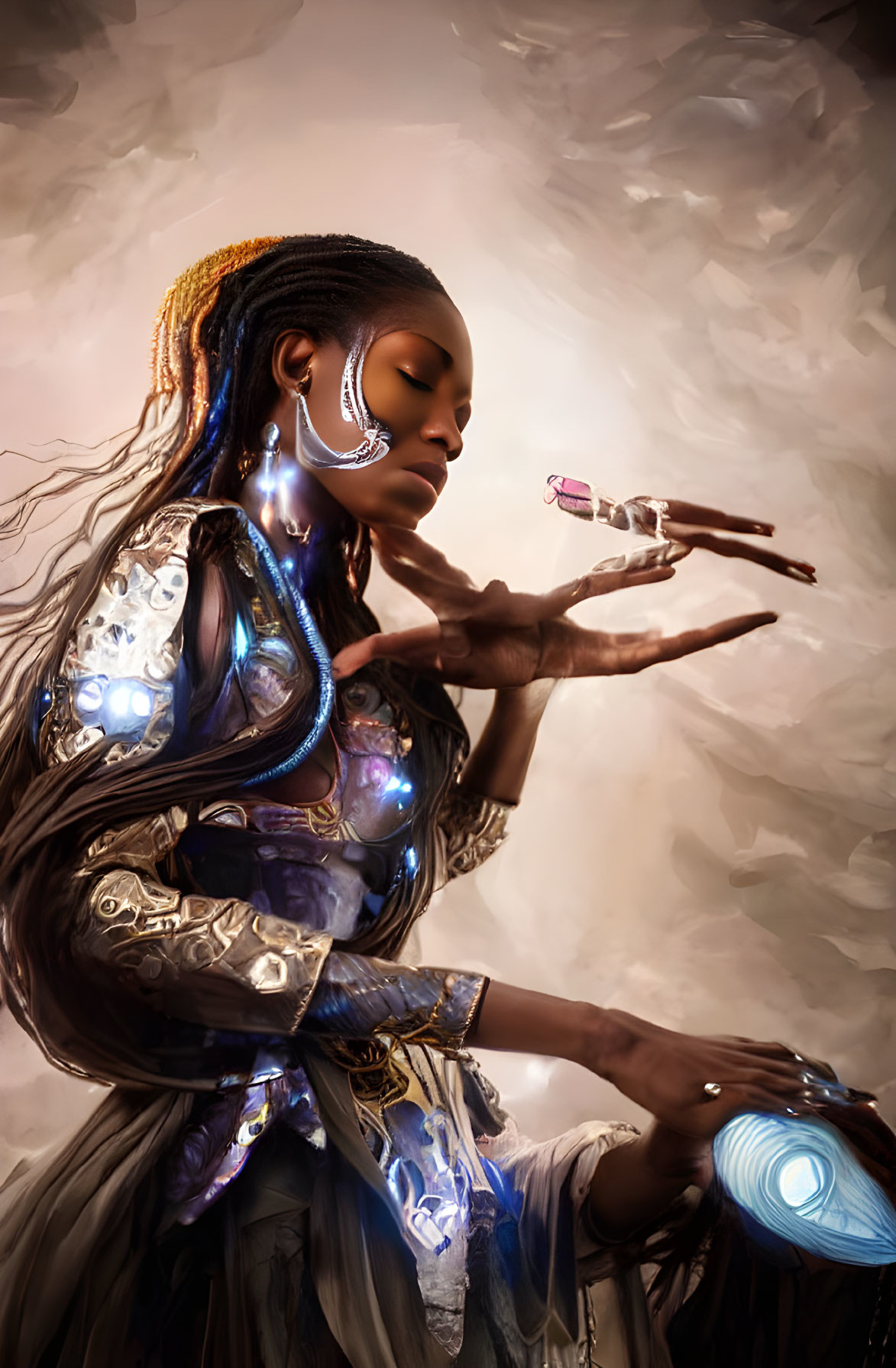 Futuristic woman with cybernetic enhancements and glowing elements holding a floating crystal