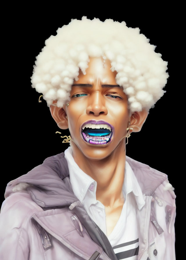 Stylized portrait of person with voluminous white hair and blue mouthpiece