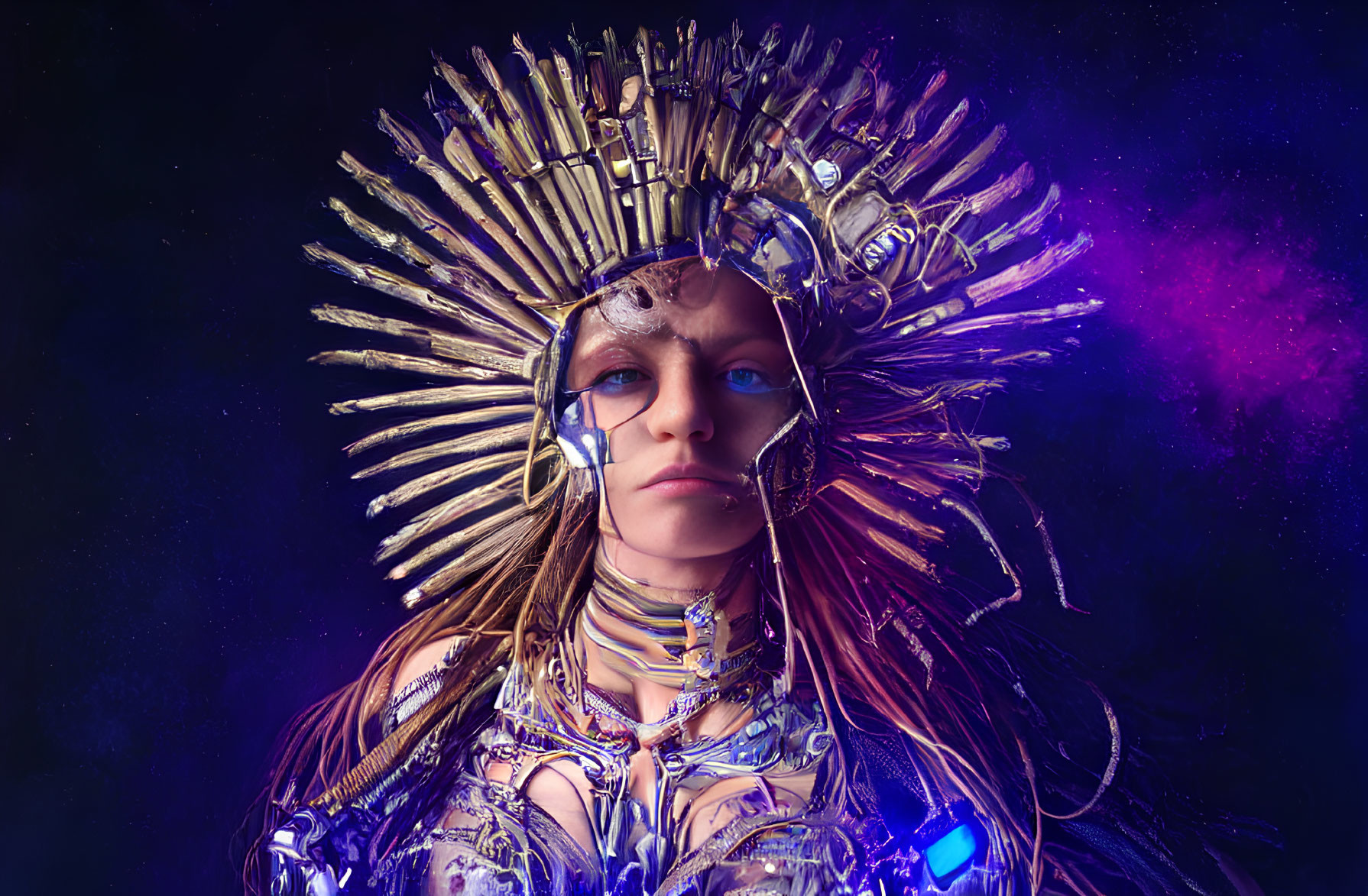 Futuristic headdress and armor on person against dark background