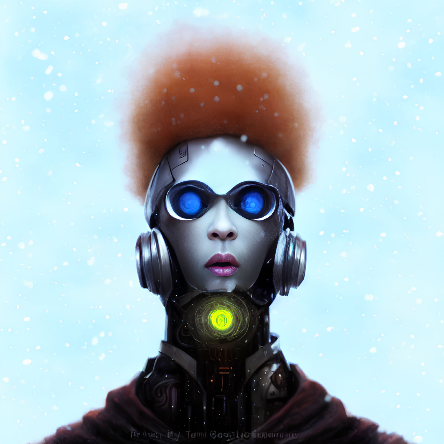 Woman in Afro with Futuristic Goggles and Sci-Fi Armor in Snowy Scene