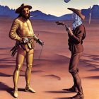 Sci-fi Western characters in desert standoff wearing cowboy attire