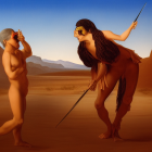 Stylized female characters in desert: one golden, robotic; other dark, monstrous with horns,