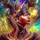Detailed futuristic female android in cosmic backdrop