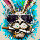 Colorful portrait of person in sunglasses smoking cigar against vibrant paint splashes