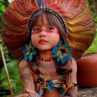 Child in Feather Headdress Contemplating Nature