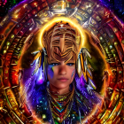 Blue-haired woman with golden headdress in mystical setting