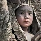 Detailed Digital Artwork: Female Figure in Fantastical Armor and Nature-Inspired Headdress