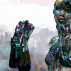 Futuristic individuals with exposed mechanical brains and high-tech gear in cityscape.