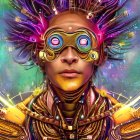 Futuristic goggles, purple headpiece, gold neck attire on cosmic background