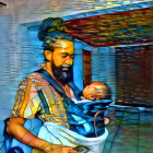 Vibrant digital painting of person with rainbow hair holding child