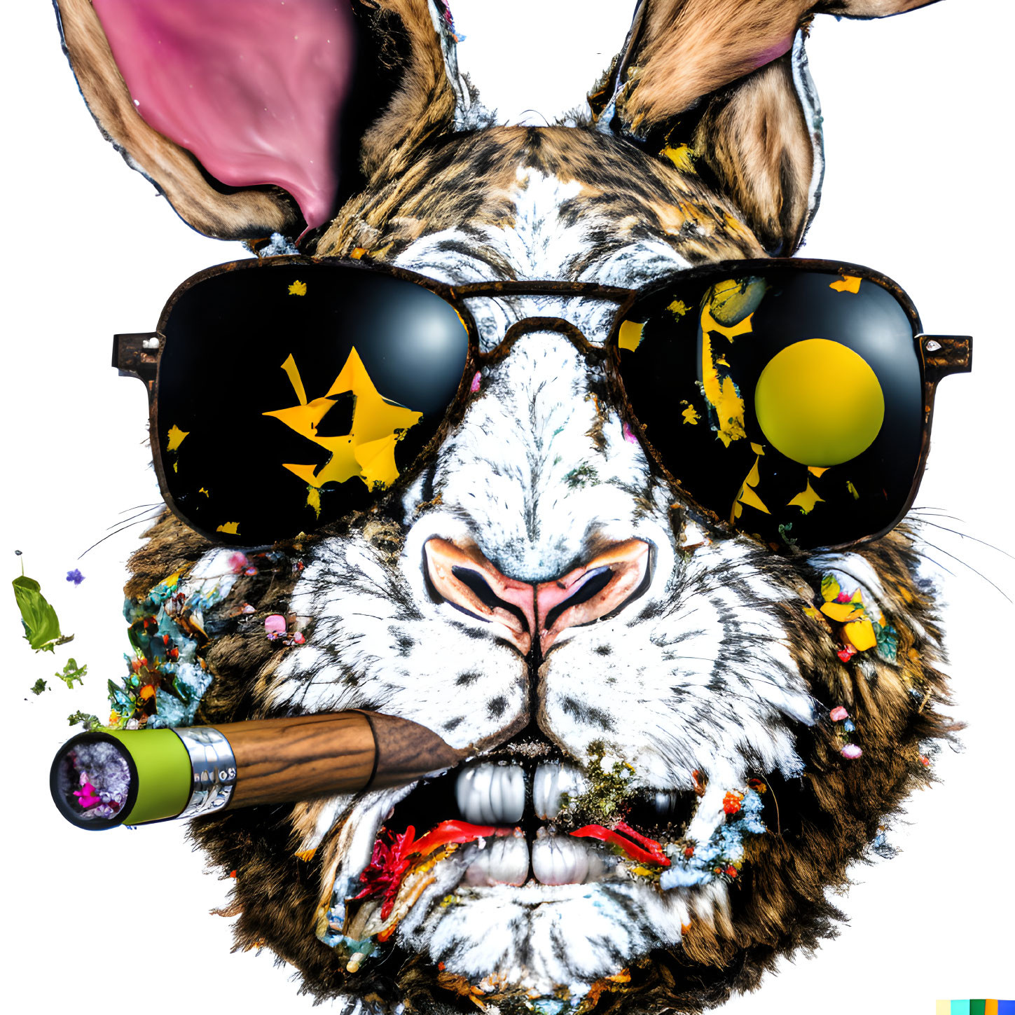 Colorful Rabbit Face with Sunglasses and Cigar on White Background