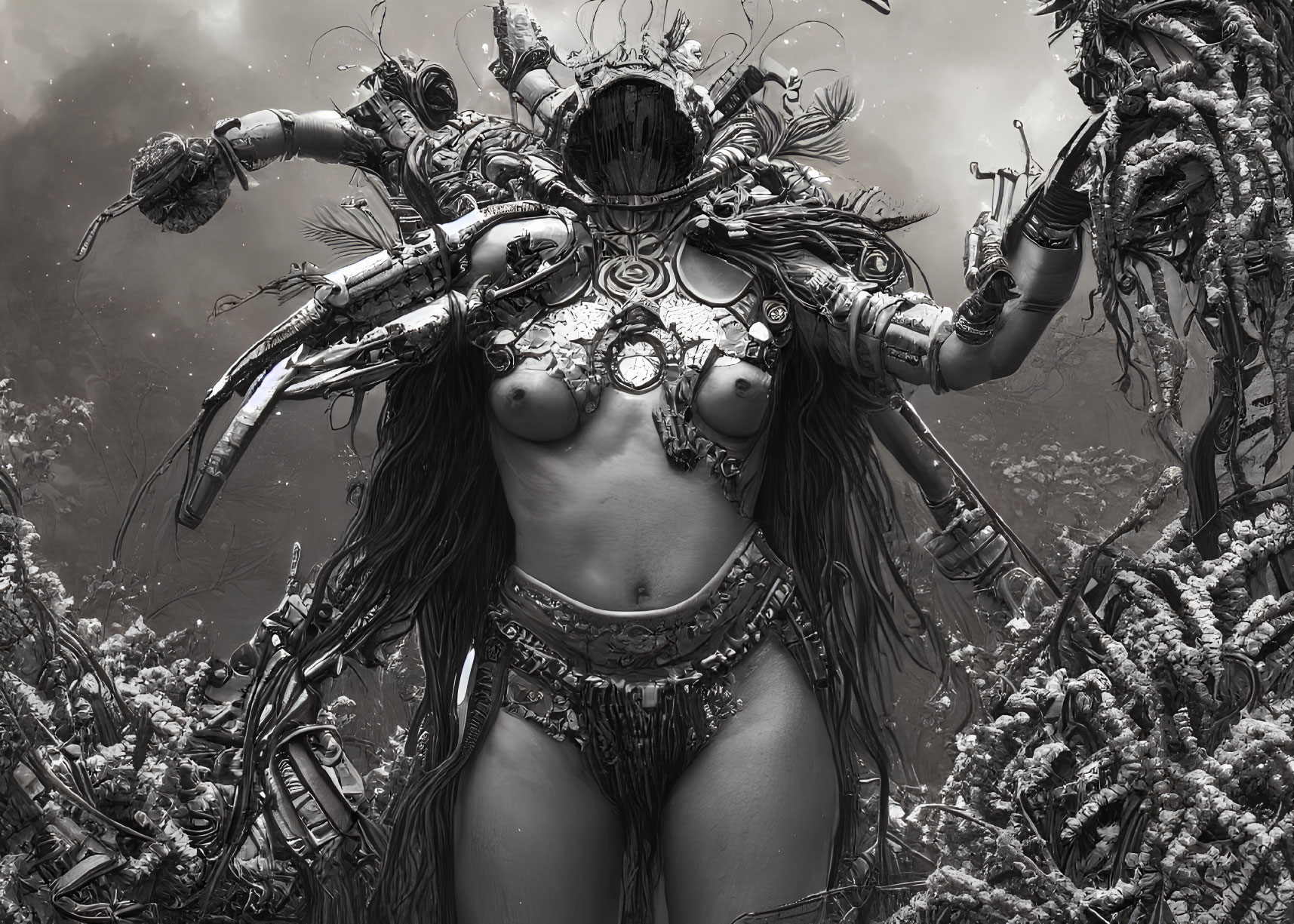 Detailed Monochrome Cybernetic Female Figure with Mechanical Tendrils