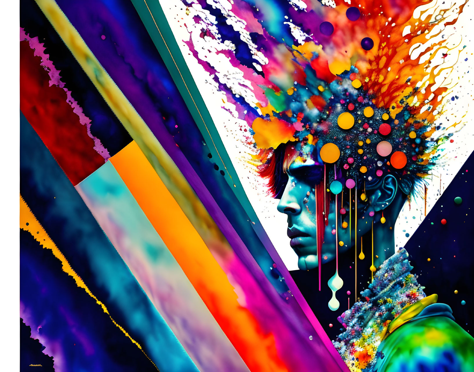 Colorful Abstract Portrait with Geometric Shapes and Contemplative Face