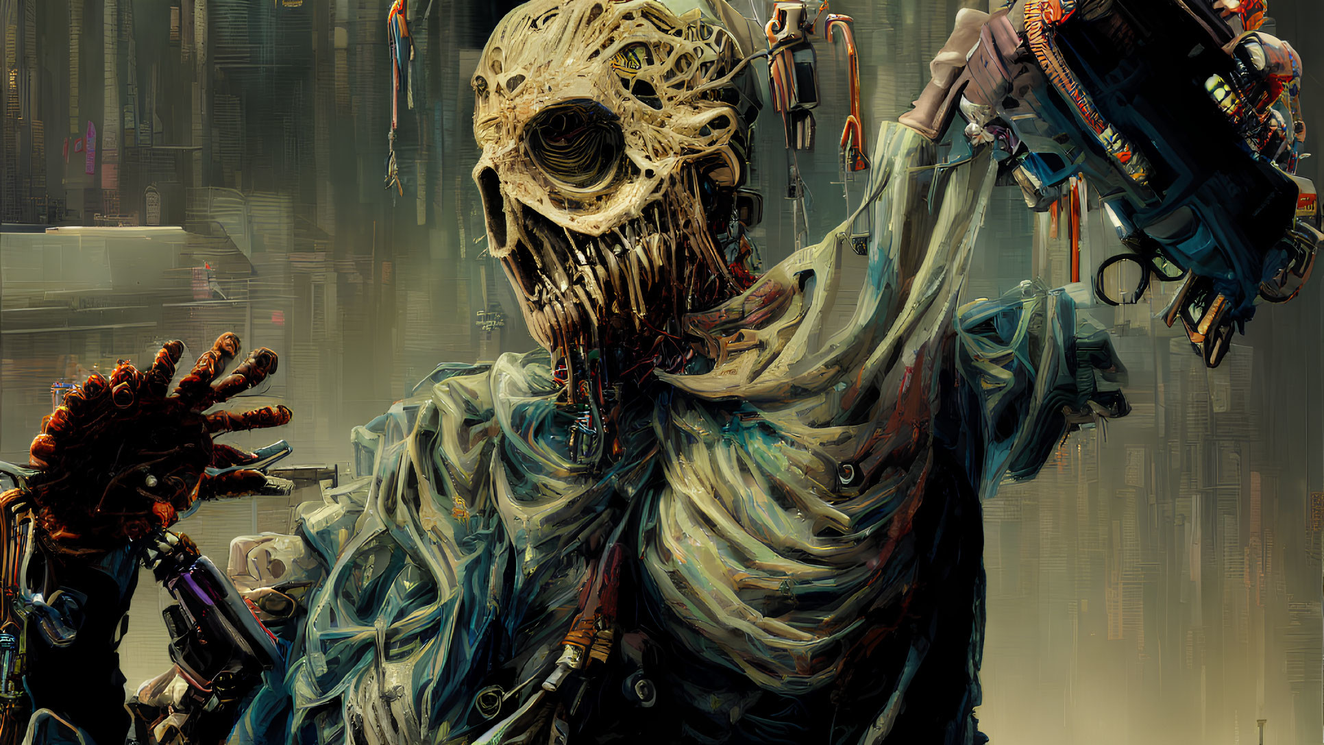 Detailed Cyborg Artwork with Skull-like Face and Mechanical Parts in Tattered Blue Fabric