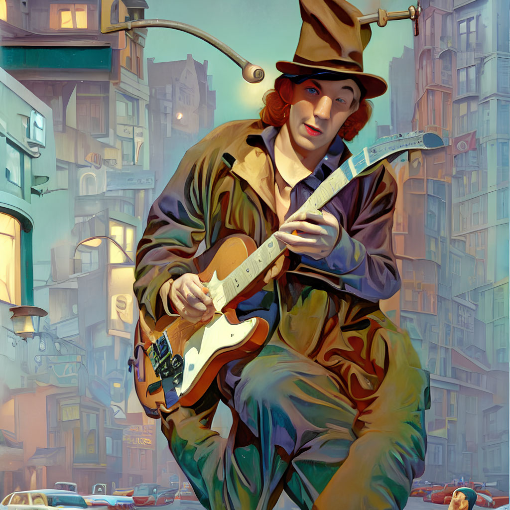 Stylized illustration of person in trench coat playing electric guitar on city street