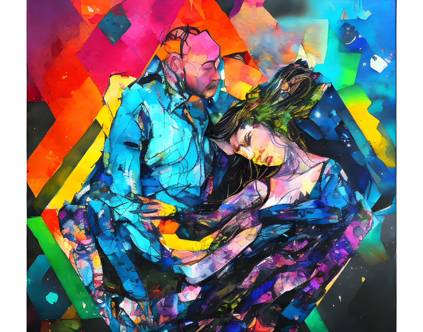 Abstract painting: Stylized man and woman embrace with vibrant colors