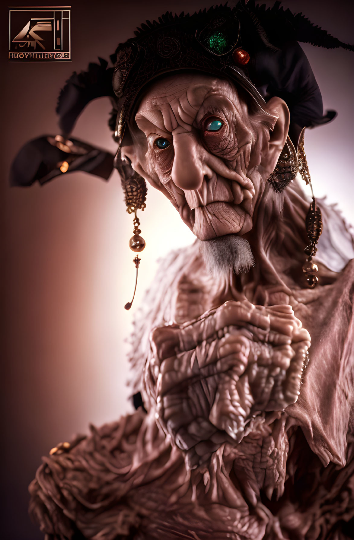Detailed Elderly Fantasy Character Figurine with Pirate Hat and Pendant
