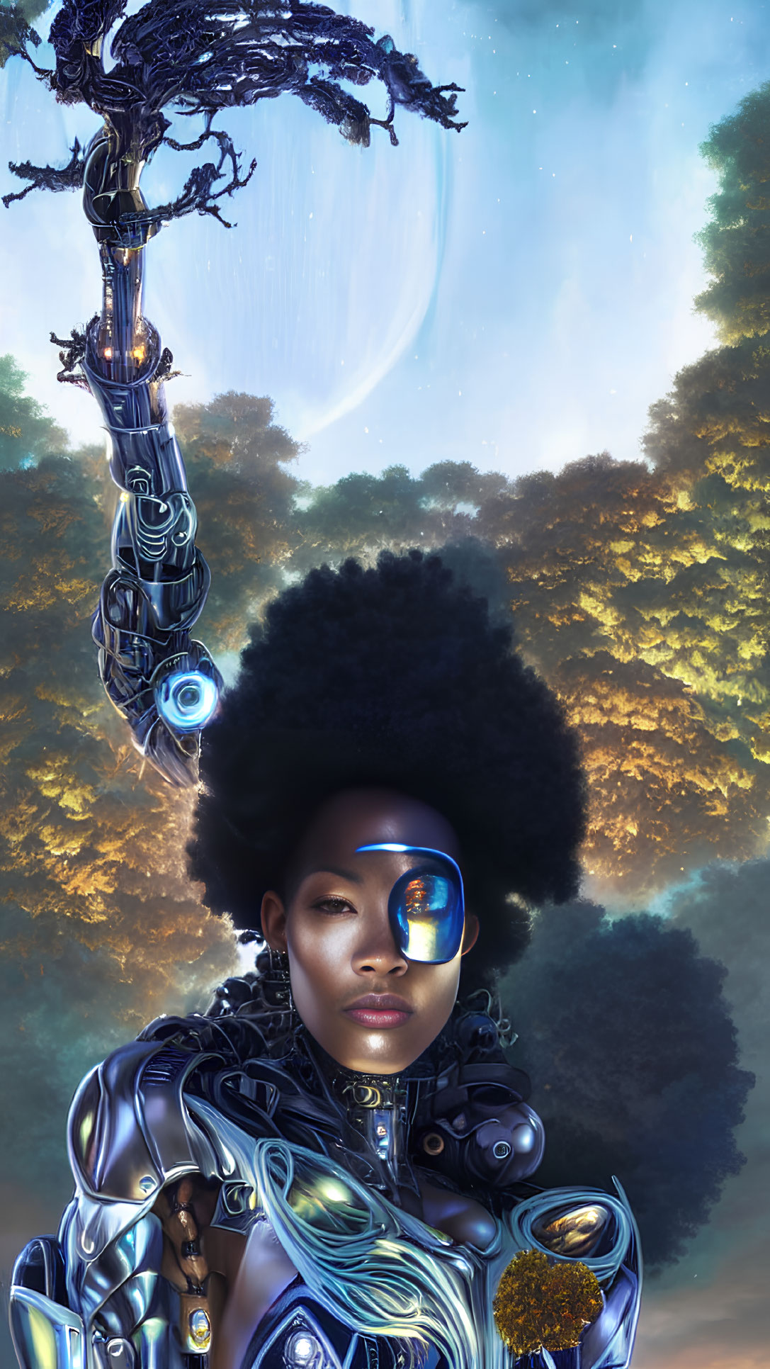Afrofuturistic woman with cybernetic enhancements in celestial setting