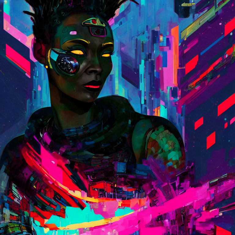 Colorful Cyberpunk Portrait with Neon Hues & Mechanical Eye