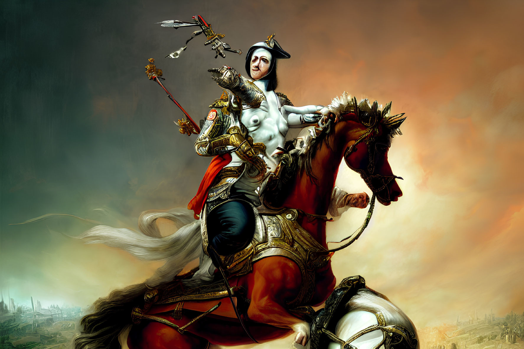 Female warrior in armor on rearing horse with spear in smoky battlefield