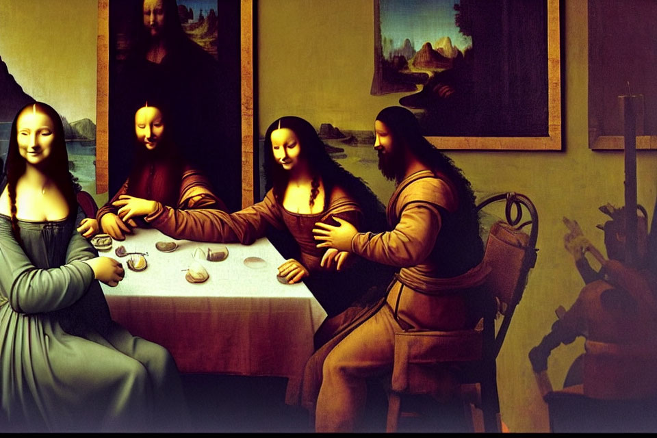 Digital artwork of three Mona Lisa paintings with a man at a table