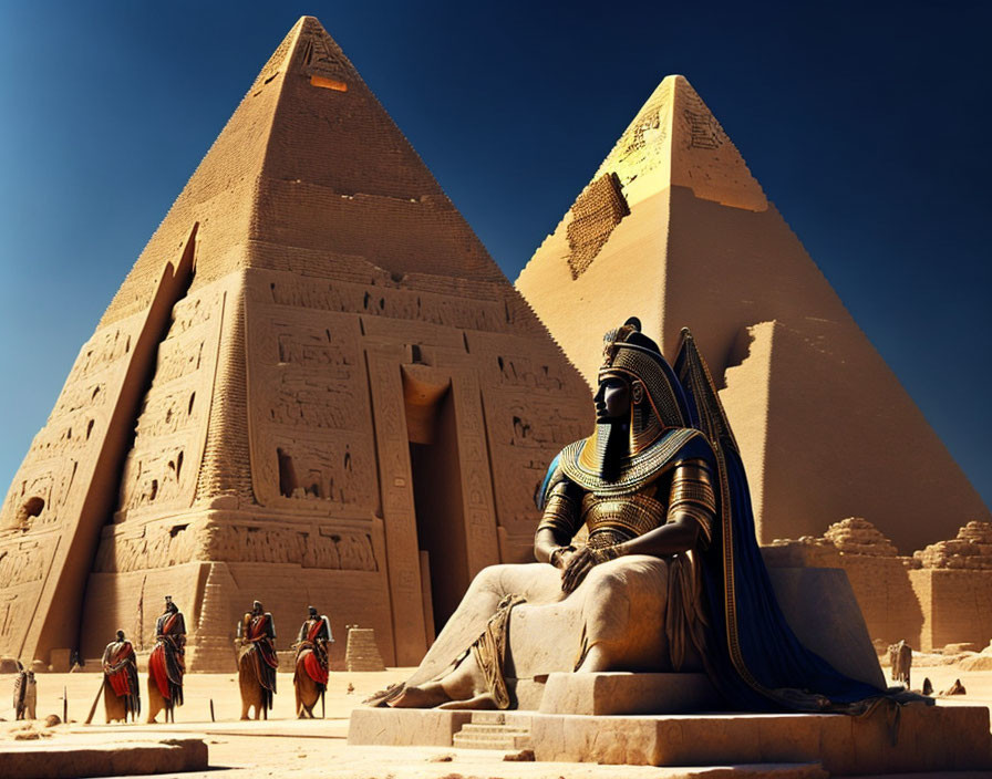Ancient Egyptian pyramids with pharaoh statue and people in traditional attire.