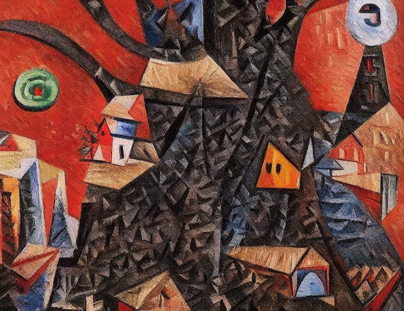 Geometric Cubist Painting of Houses and Tree in Warm Colors