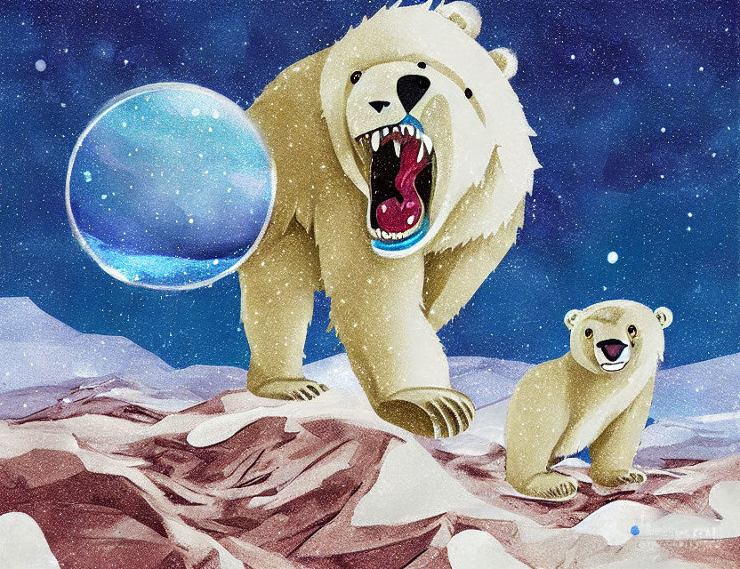 Stylized illustration of adult polar bear and cub on snowy landscape