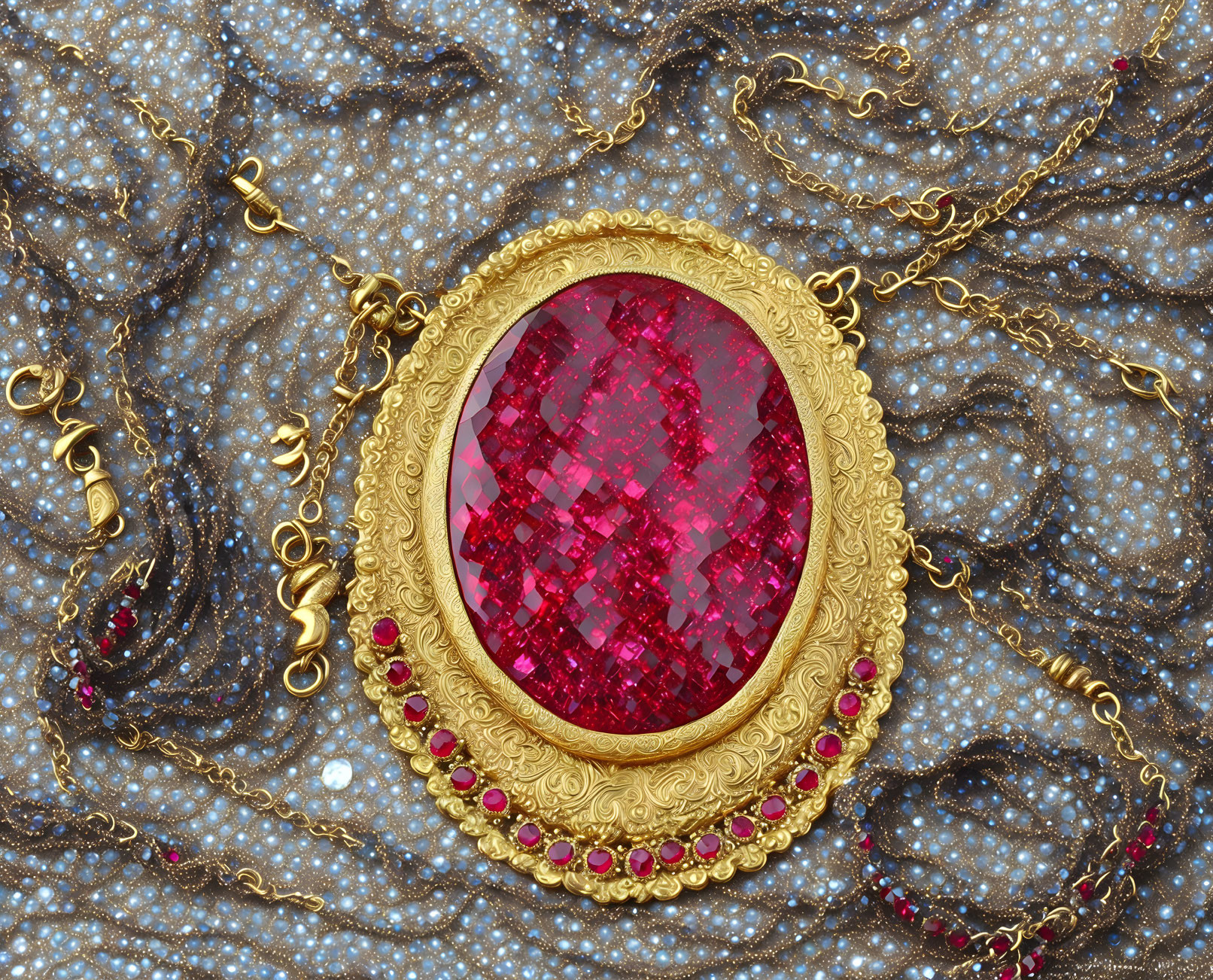 Golden Pendant with Red Gemstone on Blue Fabric with Glitter and Beads