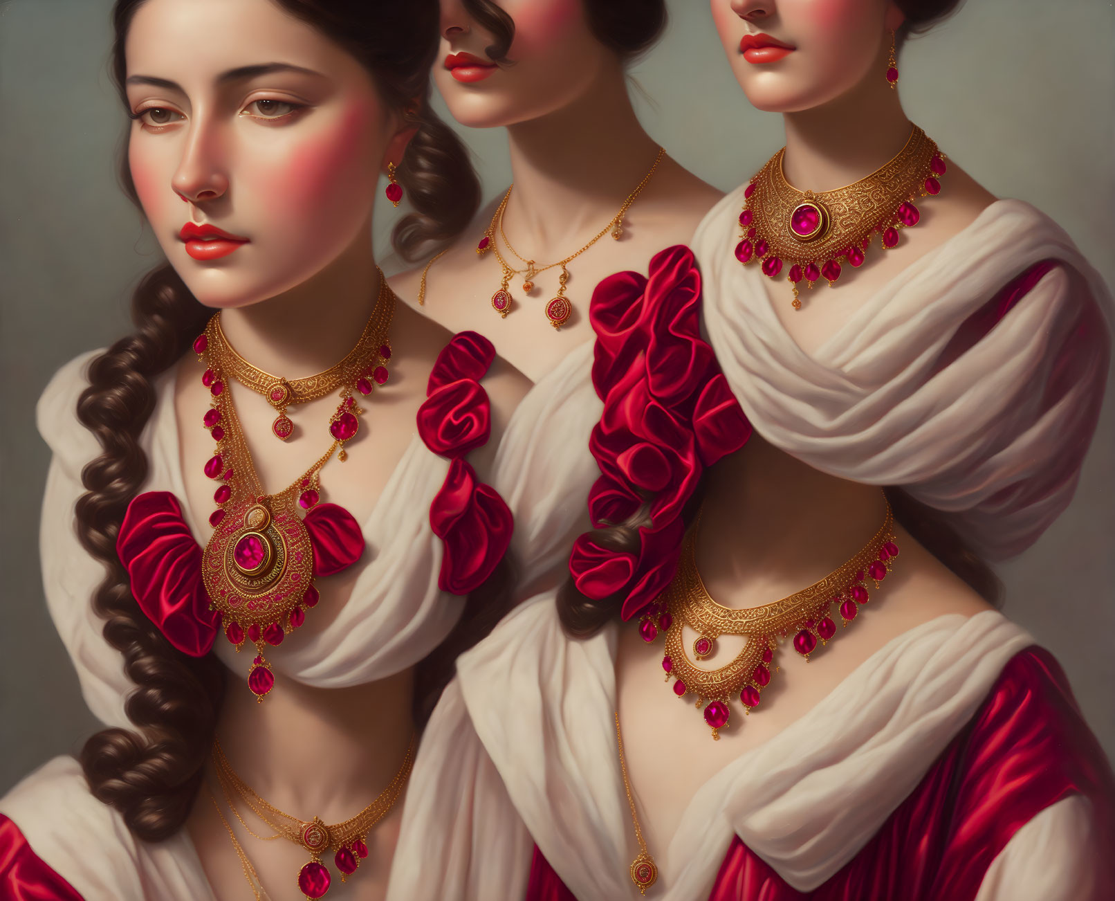 Three Women in Elaborate Gold Jewelry and White Drapery with Red Flowers