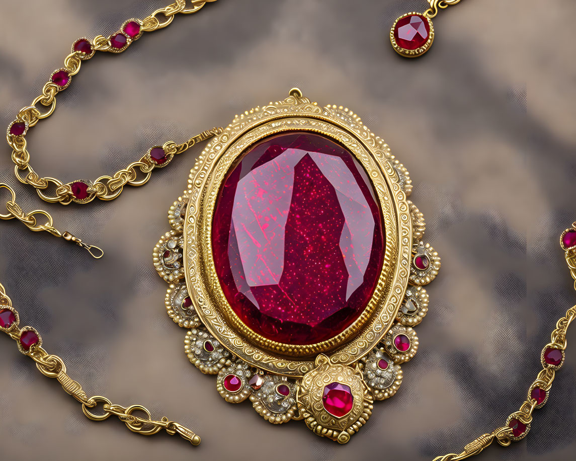 Luxurious Ruby and Diamond Necklace with Central Gemstone on Gold Setting